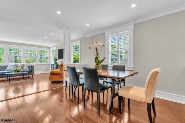 73 Lafayette Ave, Chatham Boro, NJ 07928 - dining area featuring crown molding, plenty of natural light, hardwood / wood-style flooring, ornate columns, and recessed lighting