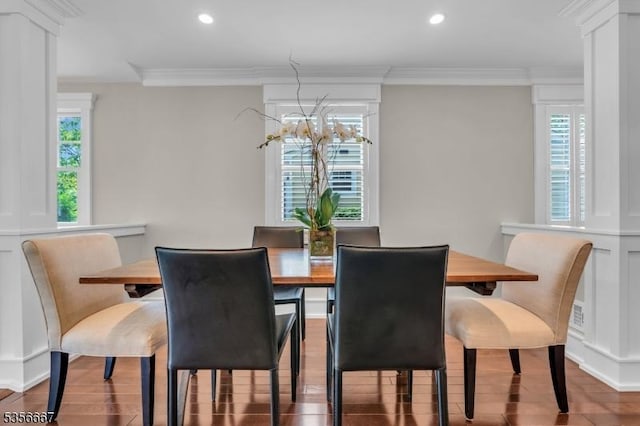 73 Lafayette Ave, Chatham Boro, NJ 07928 - dining space with ornamental molding, wood finished floors, and recessed lighting