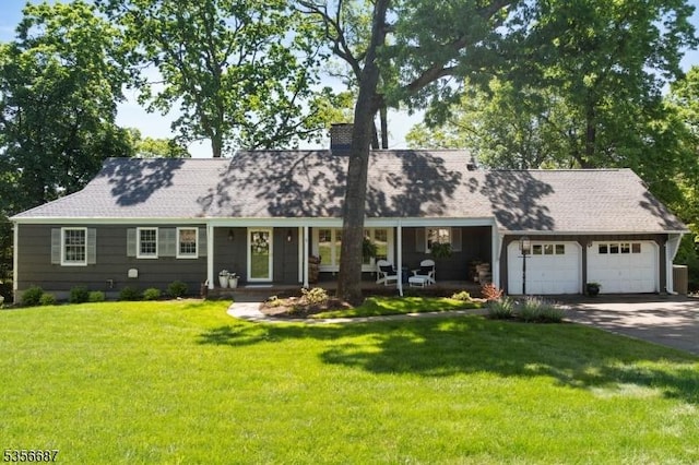 66 Skyline Dr, Morris Twp, NJ 07960 - cape cod house featuring driveway, a garage, a front lawn, a chimney, and covered porch
