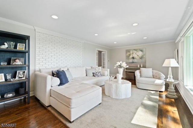 66 Skyline Dr, Morris Twp, NJ 07960 - living area featuring wood finished floors, crown molding, recessed lighting, and brick wall