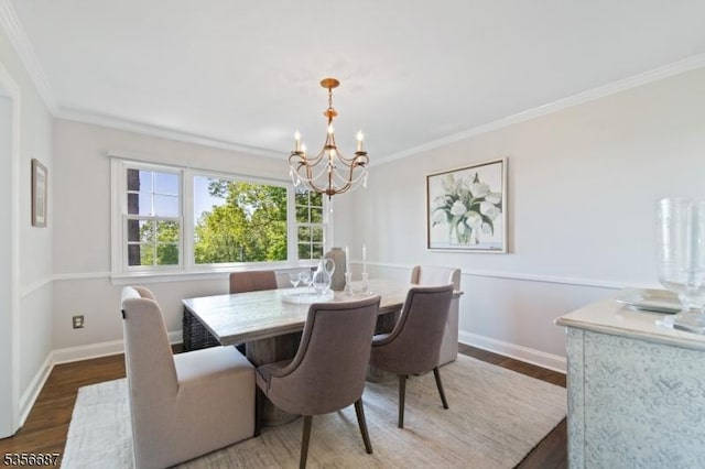66 Skyline Dr, Morris Twp, NJ 07960 - dining room featuring a chandelier, wood finished floors, ornamental molding, and baseboards
