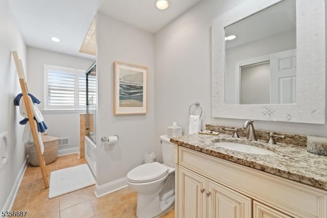 66 Skyline Dr, Morris Twp, NJ 07960 - full bathroom featuring vanity, combined bath / shower with glass door, toilet, tile patterned flooring, and baseboards