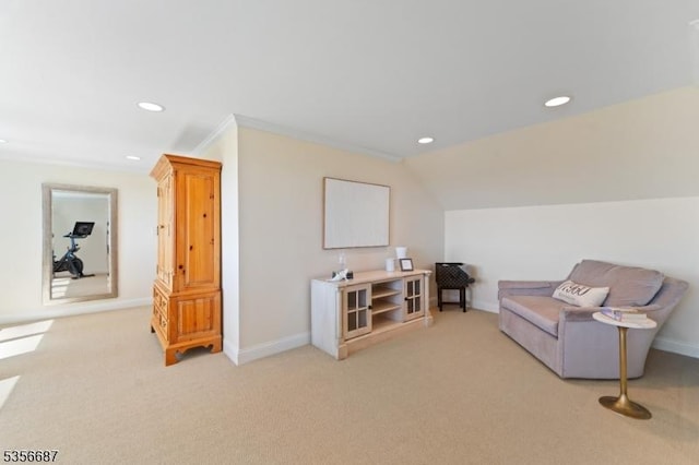 66 Skyline Dr, Morris Twp, NJ 07960 - living area featuring light colored carpet, recessed lighting, baseboards, and vaulted ceiling