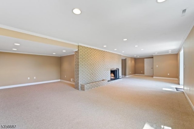 66 Skyline Dr, Morris Twp, NJ 07960 - unfurnished living room featuring a brick fireplace, crown molding, baseboards, recessed lighting, and carpet flooring