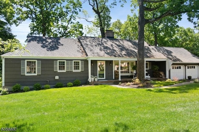 66 Skyline Dr, Morris Twp, NJ 07960 - view of front of property featuring a chimney, a front yard, an attached garage, and roof with shingles