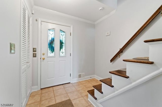 66 Skyline Dr, Morris Twp, NJ 07960 - foyer entrance with ornamental molding, stairs, baseboards, and light tile patterned flooring