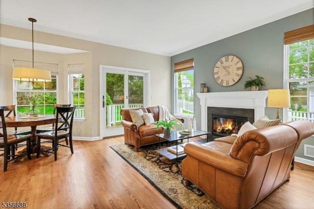 living room with healthy amount of natural light, wood finished floors, a glass covered fireplace, baseboards, and ornamental molding