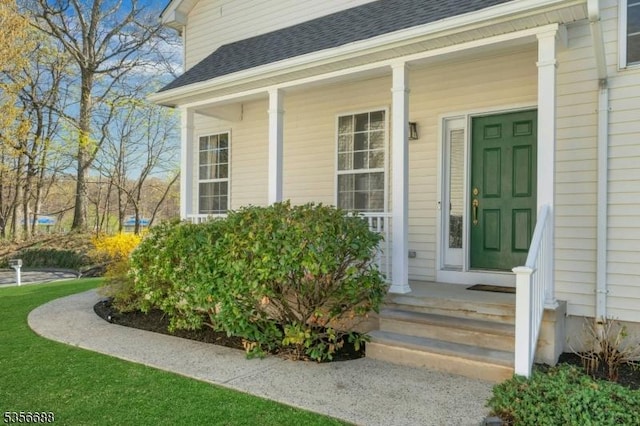 view of exterior entry with roof with shingles