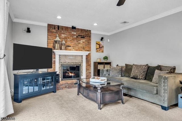 23 Andover Dr, Branchburg Twp, NJ 08853 - carpeted living area with crown molding, a brick fireplace, recessed lighting, and a ceiling fan