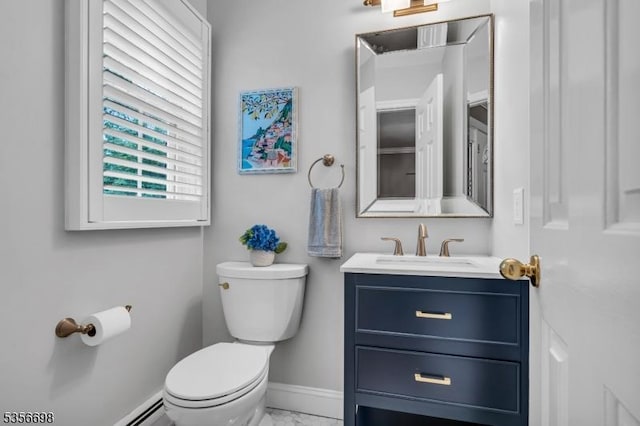 23 Andover Dr, Branchburg Twp, NJ 08853 - half bath featuring toilet, baseboards, vanity, and marble finish flooring