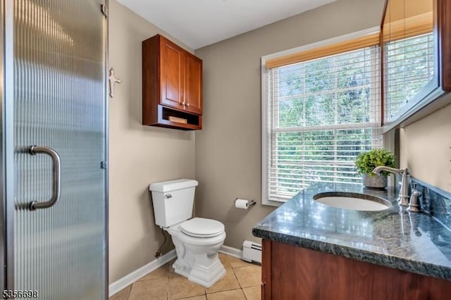 23 Andover Dr, Branchburg Twp, NJ 08853 - bathroom with baseboards, a baseboard radiator, toilet, vanity, and tile patterned floors