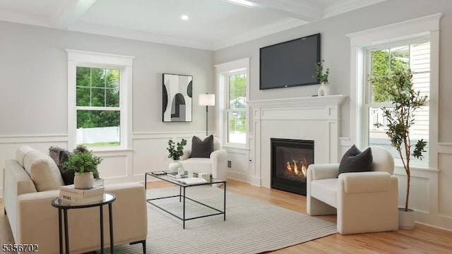 sitting room with light wood-type flooring, beam ceiling, a glass covered fireplace, a wainscoted wall, and crown molding