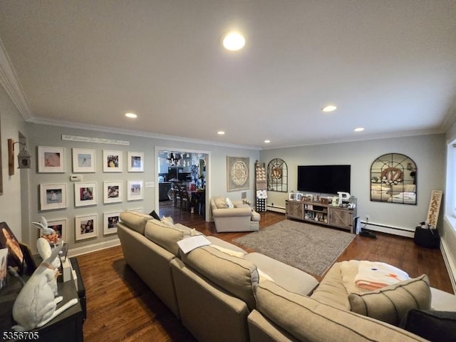 50 Newark Pl, Belleville Twp, NJ 07109 - living area featuring baseboard heating, recessed lighting, wood finished floors, ornamental molding, and baseboards