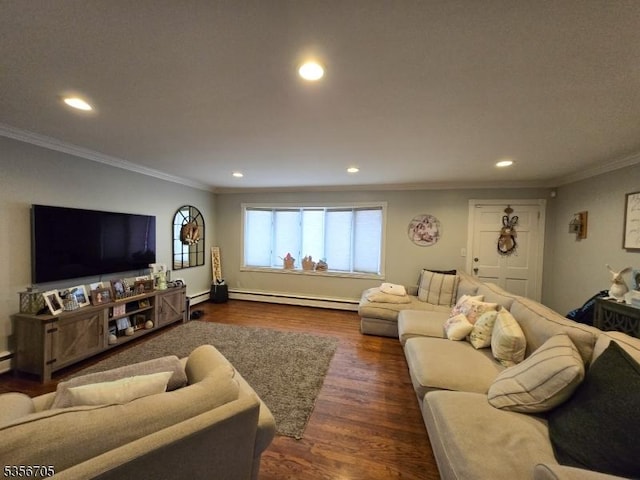 50 Newark Pl, Belleville Twp, NJ 07109 - living room with a baseboard heating unit, recessed lighting, crown molding, dark wood finished floors, and baseboards