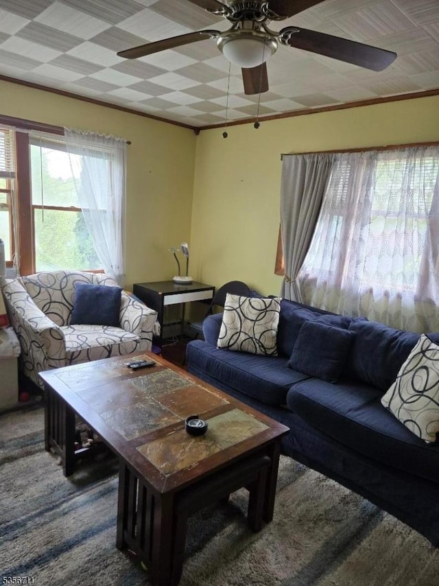 living area with carpet floors and a ceiling fan