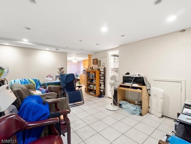 interior space featuring light tile patterned floors and recessed lighting