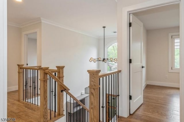 hall featuring an upstairs landing, wood finished floors, baseboards, and ornamental molding