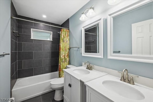 6 Cumberland Rd, Hillsborough Twp, NJ 08844 - bathroom with double vanity, toilet, shower / bathtub combination with curtain, and tile patterned flooring