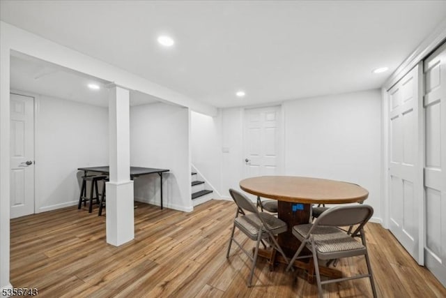 6 Cumberland Rd, Hillsborough Twp, NJ 08844 - dining room featuring light wood-style flooring, recessed lighting, stairs, and baseboards