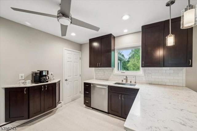 6 Cumberland Rd, Hillsborough Twp, NJ 08844 - kitchen featuring stainless steel dishwasher, a sink, decorative backsplash, dark brown cabinetry, and hanging light fixtures