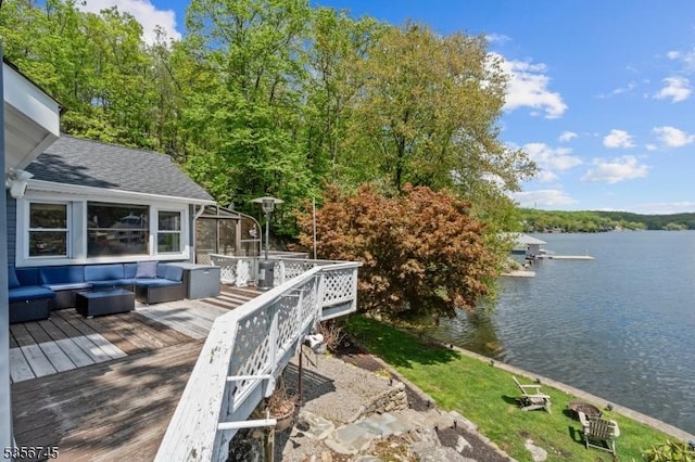 229A Squaw Trl, Hopatcong Boro, NJ 07821 - deck with a water view, an outdoor hangout area, a dock, and a view of trees