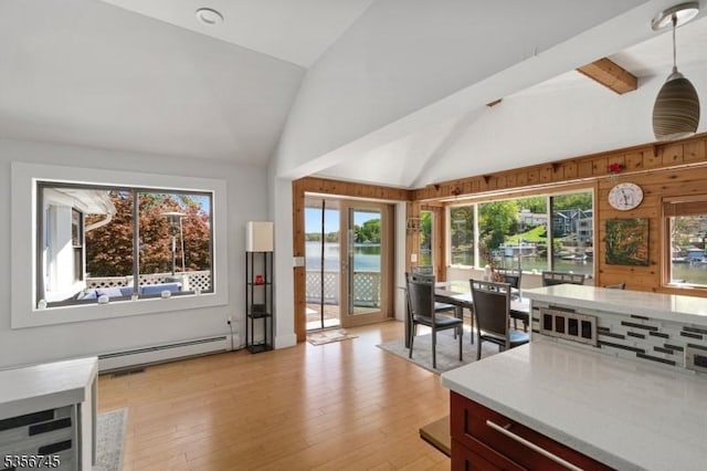 229A Squaw Trl, Hopatcong Boro, NJ 07821 - home office with baseboard heating, vaulted ceiling, a water view, and light wood-style floors