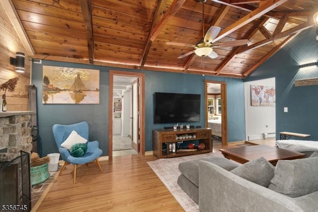 229A Squaw Trl, Hopatcong Boro, NJ 07821 - living room with wooden ceiling, wood finished floors, a ceiling fan, a baseboard radiator, and baseboards