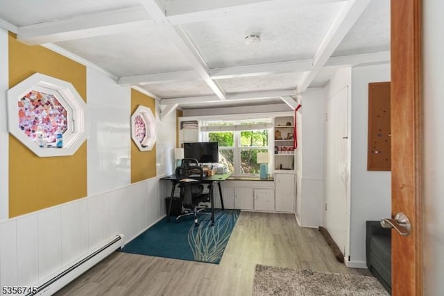229A Squaw Trl, Hopatcong Boro, NJ 07821 - office space featuring a baseboard radiator, coffered ceiling, wood finished floors, and beamed ceiling