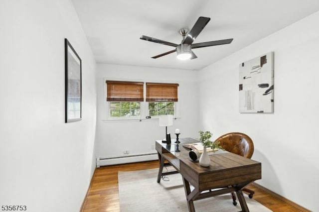9 Copperfield Rd, Scotch Plains Twp, NJ 07076 - home office featuring a baseboard radiator, light wood-style floors, a ceiling fan, and baseboards