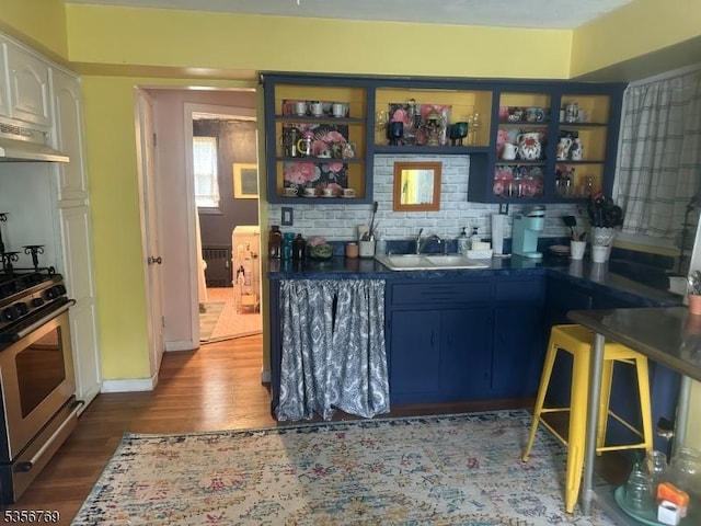 41 Central Ave, Caldwell Boro Twp, NJ 07006 - bar featuring stainless steel range with gas stovetop, a sink, wood finished floors, extractor fan, and backsplash