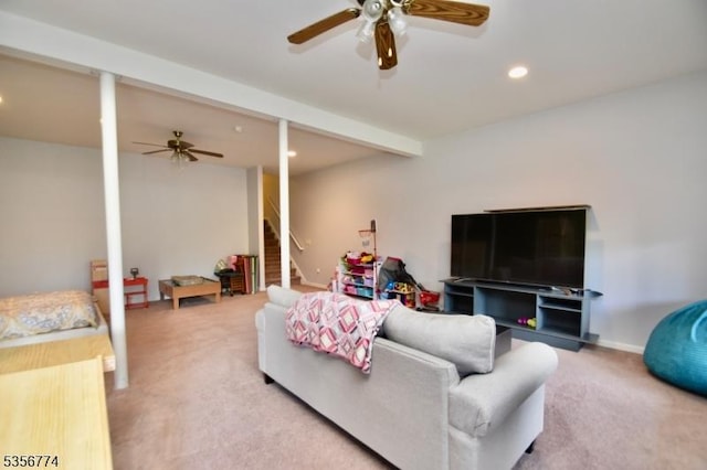 1 Wimbledon Dr Unit 3, Vernon Twp, NJ 07462 - living room featuring light colored carpet, a ceiling fan, stairs, recessed lighting, and baseboards