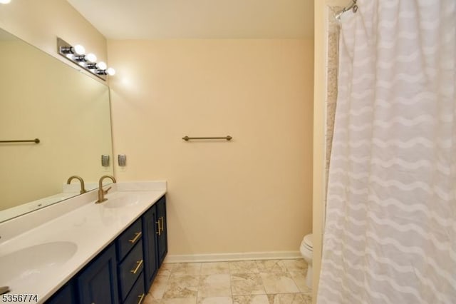 1 Wimbledon Dr Unit 3, Vernon Twp, NJ 07462 - bathroom featuring toilet, baseboards, double vanity, marble finish flooring, and a shower with curtain