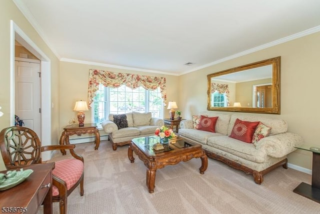 carpeted living area featuring a baseboard radiator, crown molding, and baseboards
