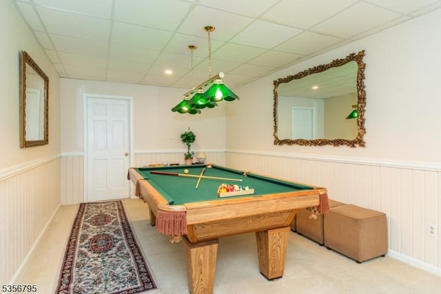 rec room with wainscoting, billiards table, and a paneled ceiling