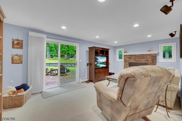 38 Nestlingwood Dr, Washington Twp, NJ 07853 - living area featuring a baseboard radiator, recessed lighting, light colored carpet, and a brick fireplace