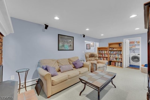 38 Nestlingwood Dr, Washington Twp, NJ 07853 - living room featuring washer / clothes dryer, a baseboard heating unit, recessed lighting, and light colored carpet