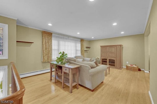 38 Nestlingwood Dr, Washington Twp, NJ 07853 - living room featuring a baseboard heating unit, light wood-type flooring, ornamental molding, recessed lighting, and baseboards