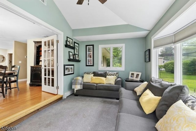 96 Belmont Ave, Cranford Twp, NJ 07016 - living room featuring vaulted ceiling, a ceiling fan, baseboard heating, and baseboards
