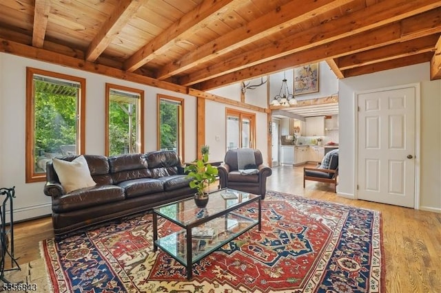 living area with beam ceiling, light wood finished floors, baseboard heating, and wooden ceiling