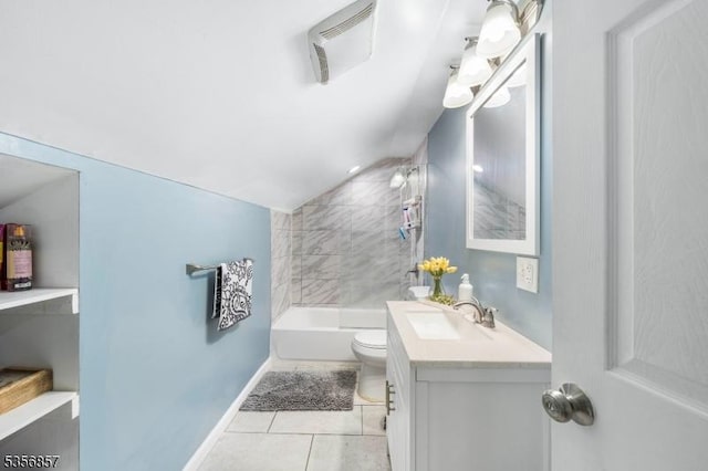 full bathroom featuring vanity, tile patterned floors, toilet, tub / shower combination, and baseboards