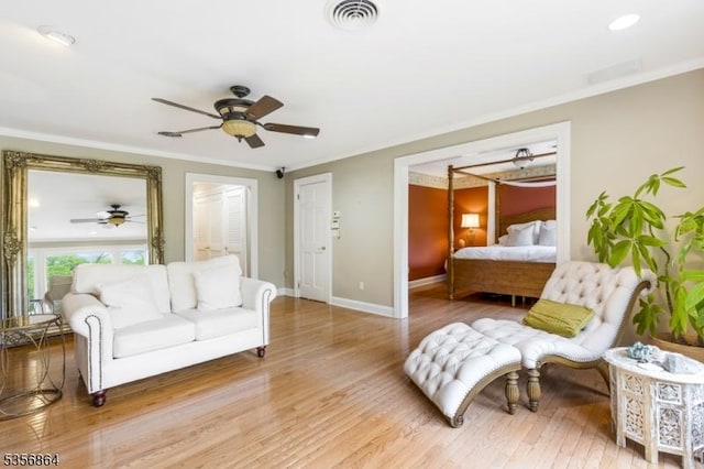 147 Liberty Corner Rd, Bernards Twp, NJ 07920 - living area featuring a ceiling fan, wood finished floors, crown molding, and baseboards