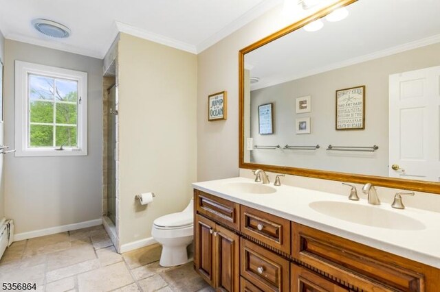 147 Liberty Corner Rd, Bernards Twp, NJ 07920 - bathroom with ornamental molding, double vanity, toilet, baseboards, and a shower with door