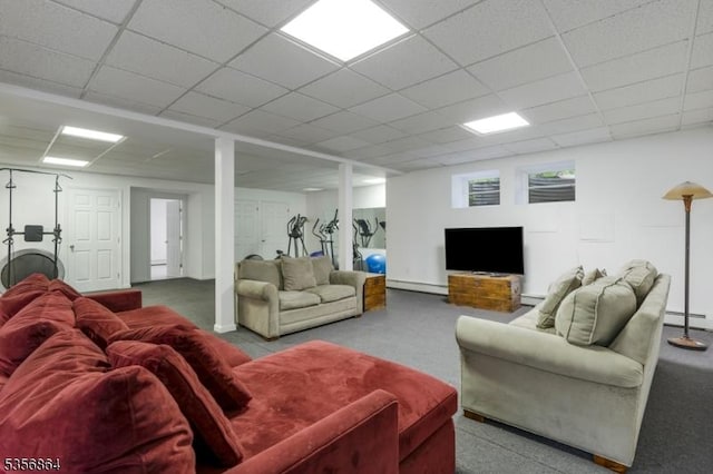 147 Liberty Corner Rd, Bernards Twp, NJ 07920 - living room with baseboard heating, carpet flooring, and a paneled ceiling