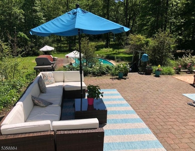 147 Liberty Corner Rd, Bernards Twp, NJ 07920 - view of patio featuring outdoor lounge area and a view of trees