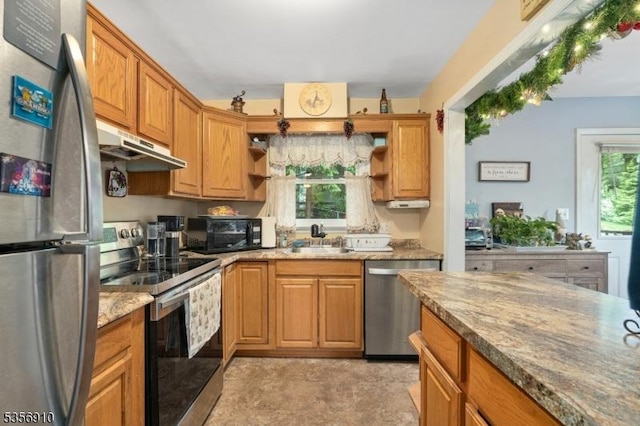 8 Hillside Ter, Green Twp, NJ 07821 - kitchen with appliances with stainless steel finishes, under cabinet range hood, a sink, open shelves, and light stone counters
