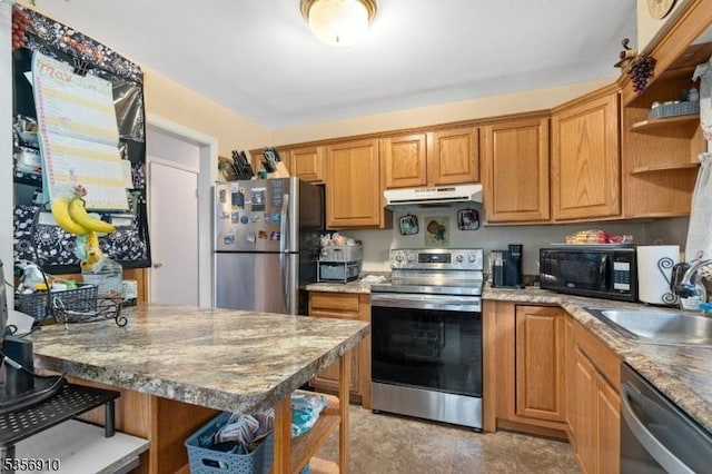 8 Hillside Ter, Green Twp, NJ 07821 - kitchen with stainless steel appliances, under cabinet range hood, a sink, a breakfast bar, and open shelves