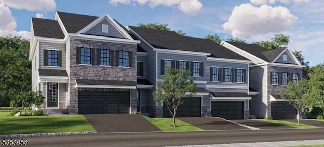 view of front facade with stone siding, an attached garage, driveway, and a front lawn