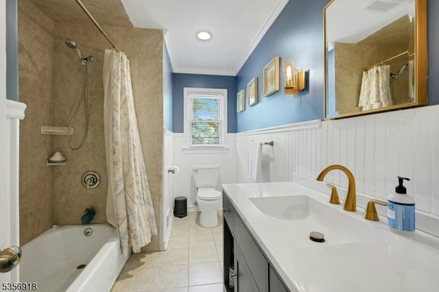full bath with a wainscoted wall, ornamental molding, shower / tub combo, tile patterned flooring, and vanity