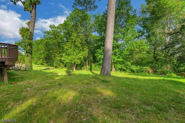 view of grassy yard featuring a deck