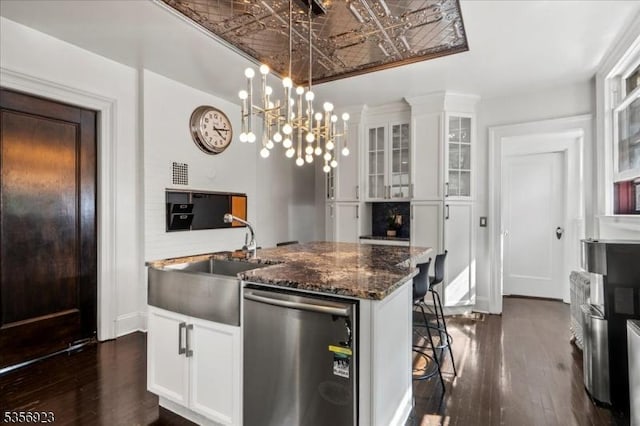 12 Harrison Ave, Montclair Twp, NJ 07042 - kitchen with stainless steel dishwasher, a sink, dark wood-type flooring, and a kitchen island with sink